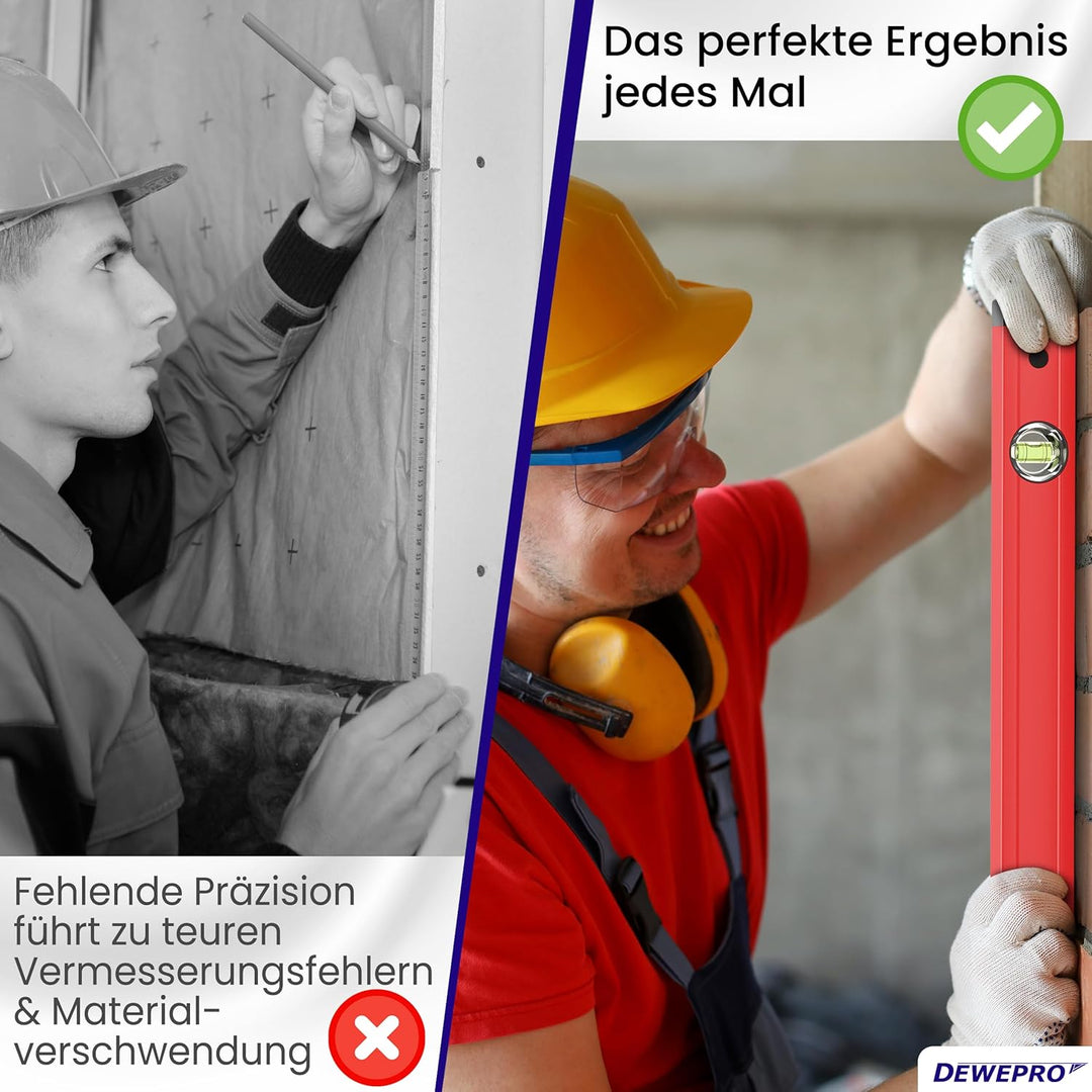 DEWEPRO® Profi Wasserwaage Aluminium - rot lackiert - Länge: 120cm 1,2m - Messtoleranz: 0,5mm/m - Al