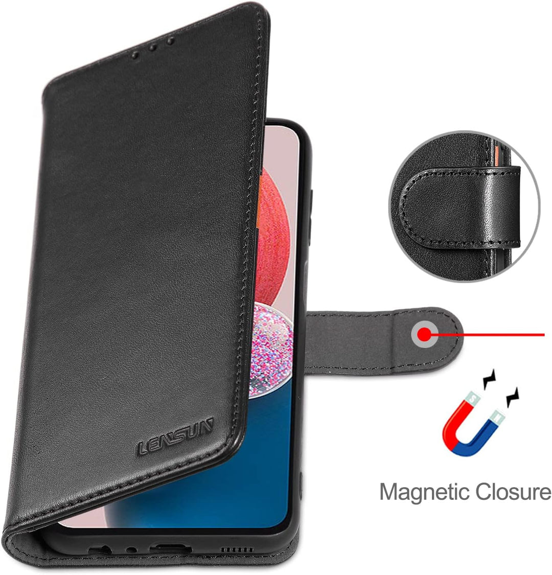 LENSUN Echtleder Hülle für Samsung Galaxy A13, Handyhülle [Echtes Leder] [Magnetverschluss] [RFID Sc
