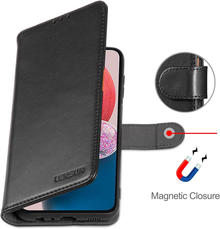 LENSUN Echtleder Hülle für Samsung Galaxy A13, Handyhülle [Echtes Leder] [Magnetverschluss] [RFID Sc