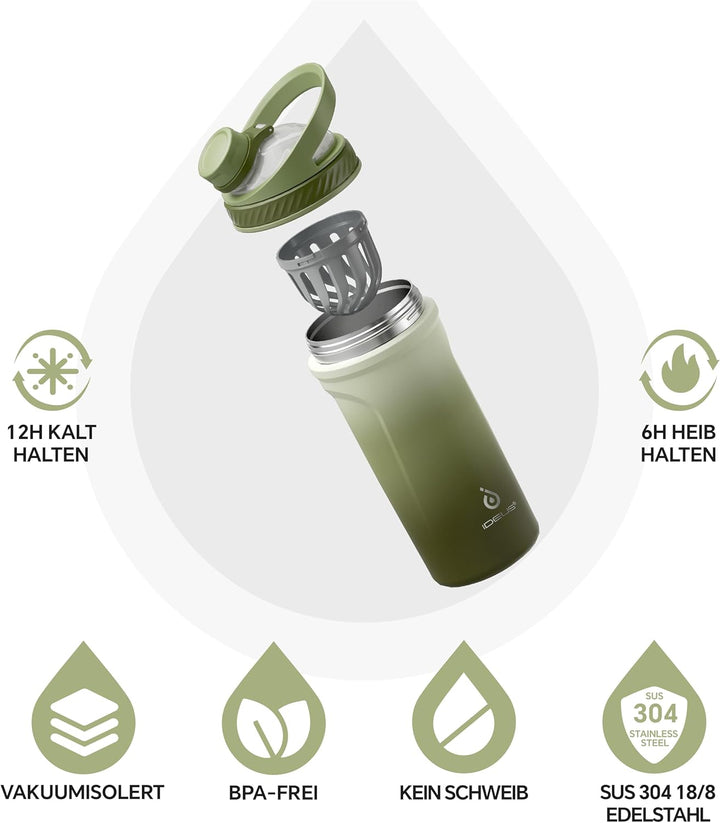 Ideus Shaker Protein Trinkflasche 700ml (24oz)，Doppelwandig Edelstahl Sportflasche mit Skalierlinien