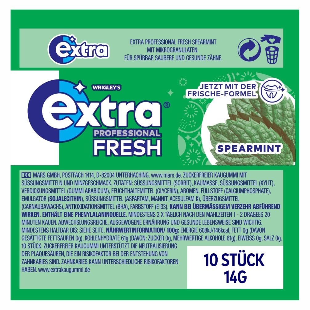 Extra Professional Fresh Spearmint, Zuckerfreier Kaugummi, Multipack mit 30x10 Dragees, Für frischen