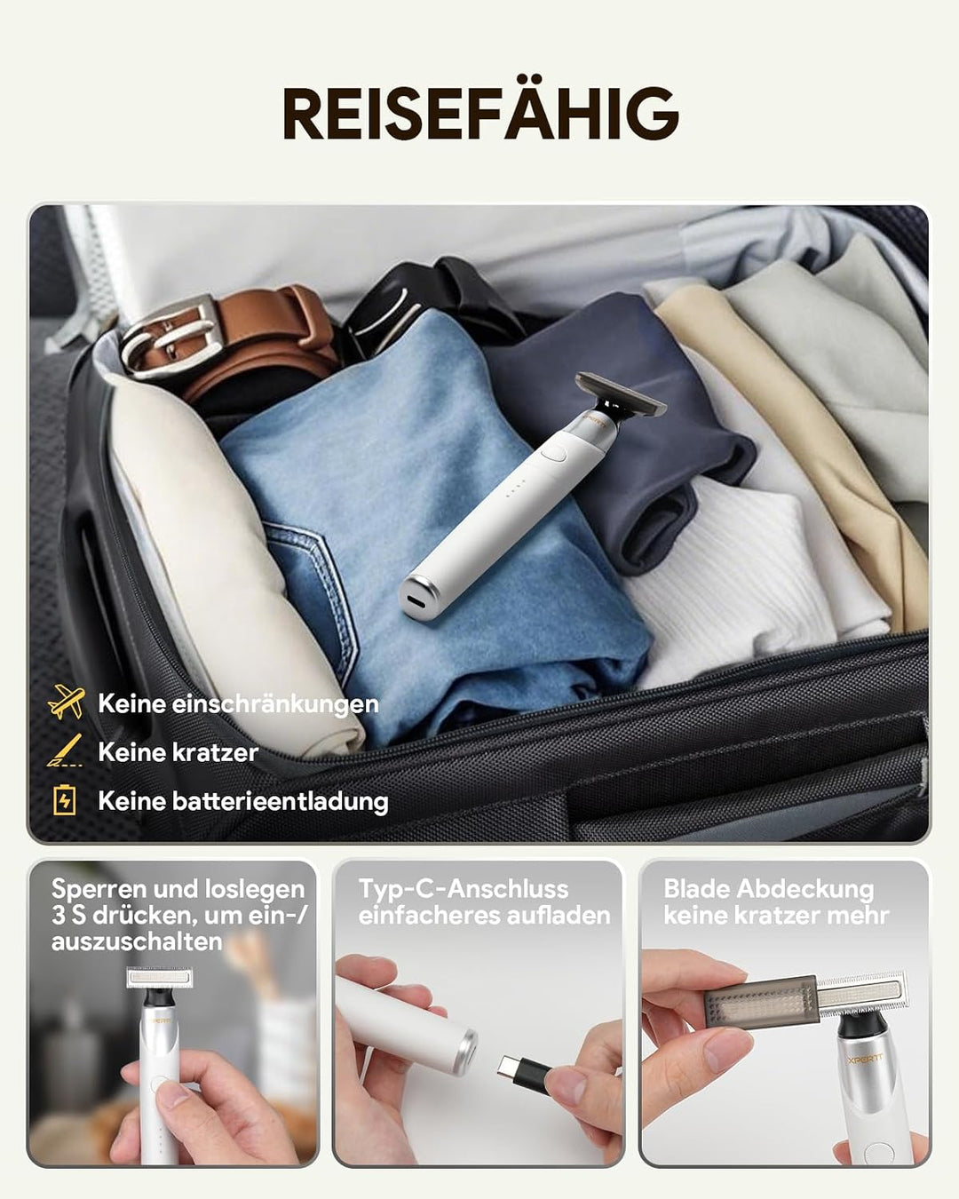 Xpert T Magnetisch Rasierer Damen Elektrisch Herren mit Tasche, Unisex Barttrimmer mit Nasenhaartrim