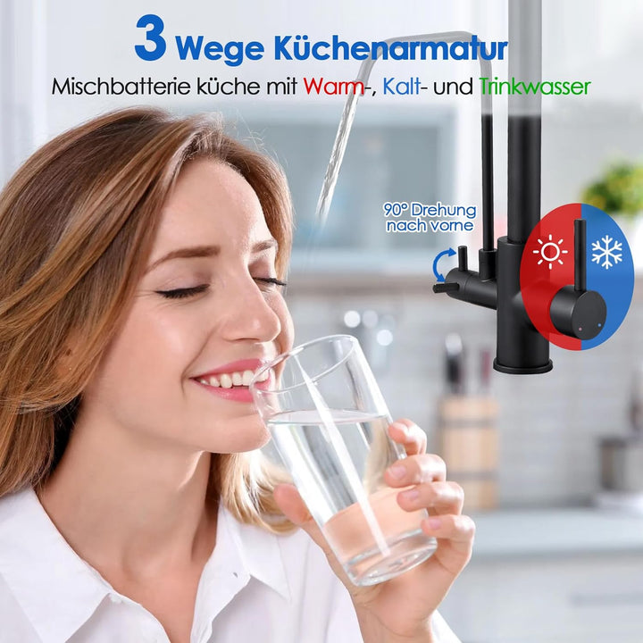 ROVOGO Edelstahl Wasserhahn Küche 3 Wege mit 4 Strahlarten Brause Ausziehbar, Hochdruck Küchenarmatu