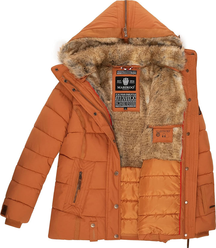 MARIKOO Damen Winterjacke warme Steppjacke mit Kunstfell Innenfutter Nekoo XS-3XL S Rusty Cinnamon,