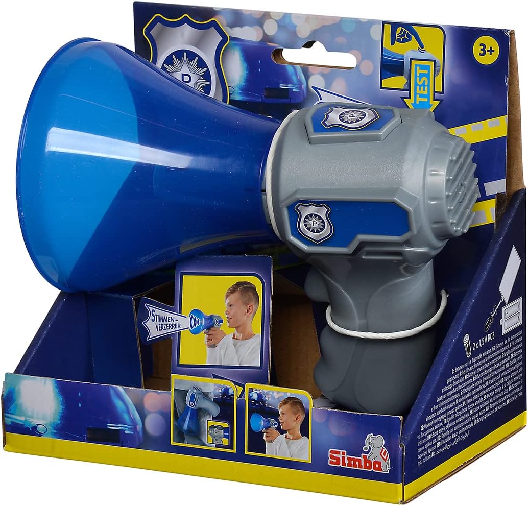 Simba 108101004 - Polizei Megafon, mit Stimmenverzehrer Funktion, Knopf für Sirenen Sound, 16cm, Rol