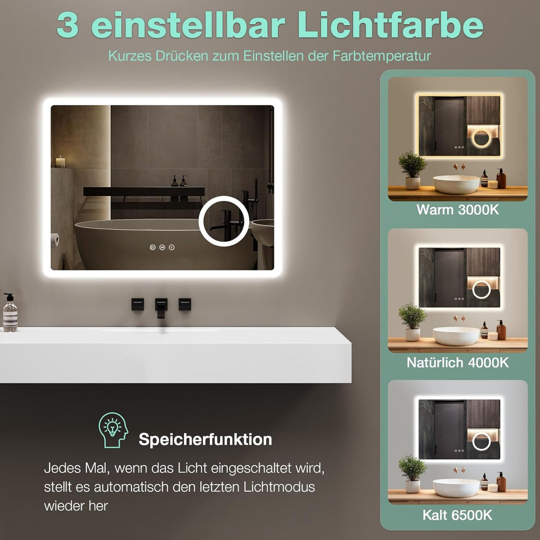 Badezimmerspiegel 80 x 60 cm mit Beleuchtung, 3 Lichtfarben, Dimmbar, Antibeschlag, 3-Fach Vergrösse