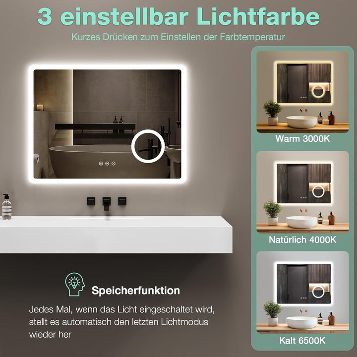Badezimmerspiegel 80 x 60 cm mit Beleuchtung, 3 Lichtfarben, Dimmbar, Antibeschlag, 3-Fach Vergrösse