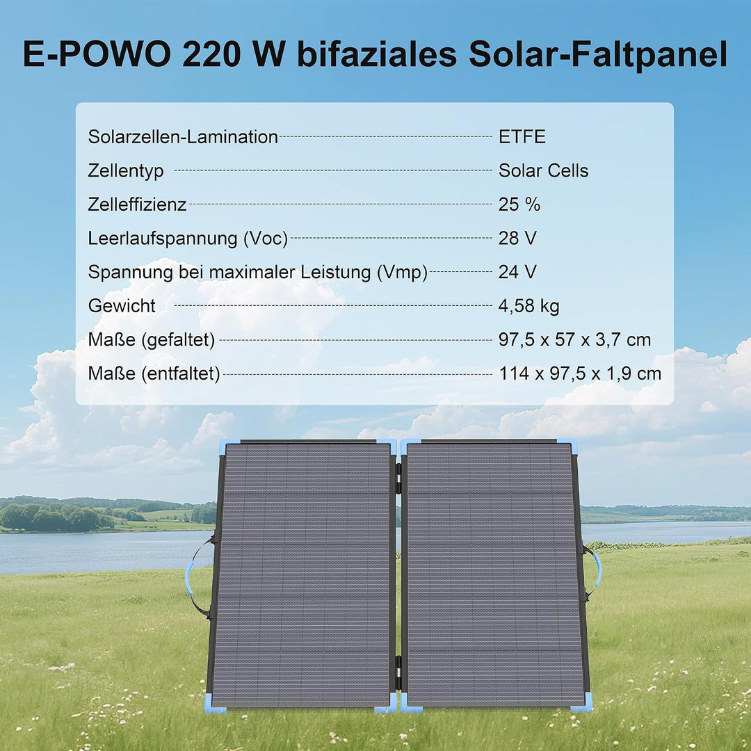 220W faltbares Bifacial Solarpanel, 23,5% Wirkungsgrad – Komplettset inkl. Ständer, IP68 wasserdicht