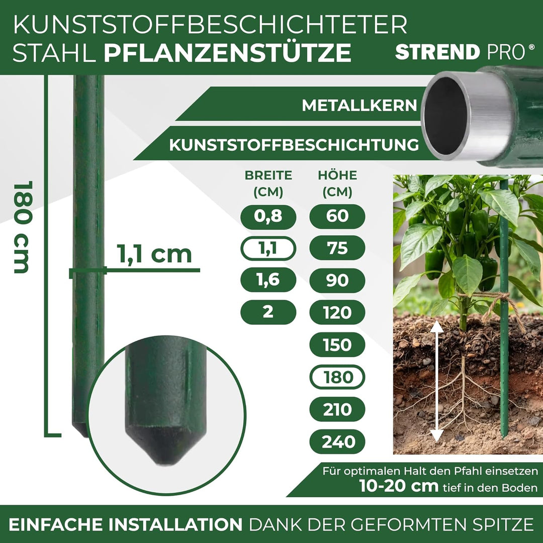 STREND PRO Pflanzstäbe 180 cm - 25 STK. Set | Ø 11 mm Stahl + Kunststoff | Rankstab Grün | Tomaten &