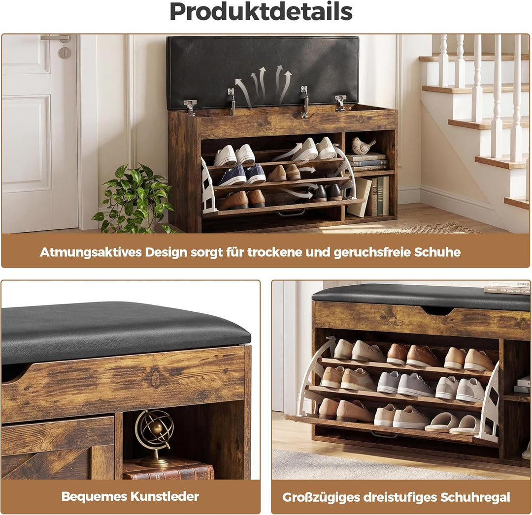 BonVache Schuhbank mit Sitzfläche, Sitzbank mit Stauraum, Schuhbank mit 3 Fächern, Fach unter Sitzki