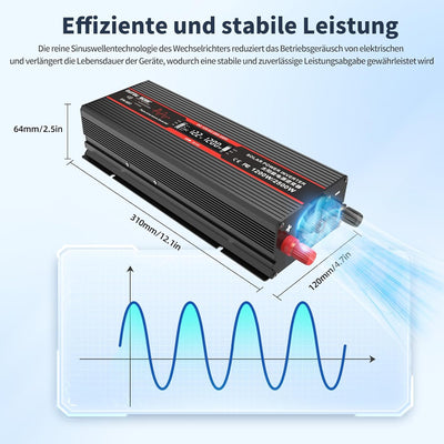 DATOUBOSS 1200W Wechselrichter 12V Auf 230V Reiner Sinus Spannungswandler Spitzenleistung 2500W Mit
