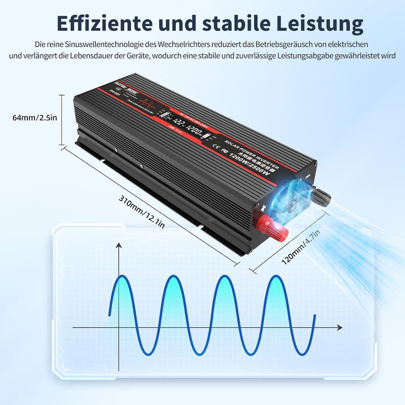 DATOUBOSS 1200W Wechselrichter 12V Auf 230V Reiner Sinus Spannungswandler Spitzenleistung 2500W Mit