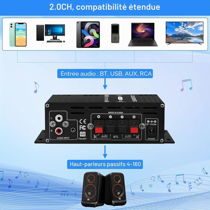 HiFi Stereo Verstärker Empfänger für Home Lautsprecher, AK-390 Bluetooth5.0 Mini Audio Amp 2.0 Kanal