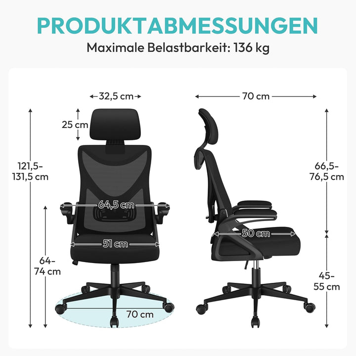 Yaheetech Bürostuhl Ergonomisch, Schreibtischstuhl mit Hochklappbaren Armlehnen, Drehstuhl mit Rücke