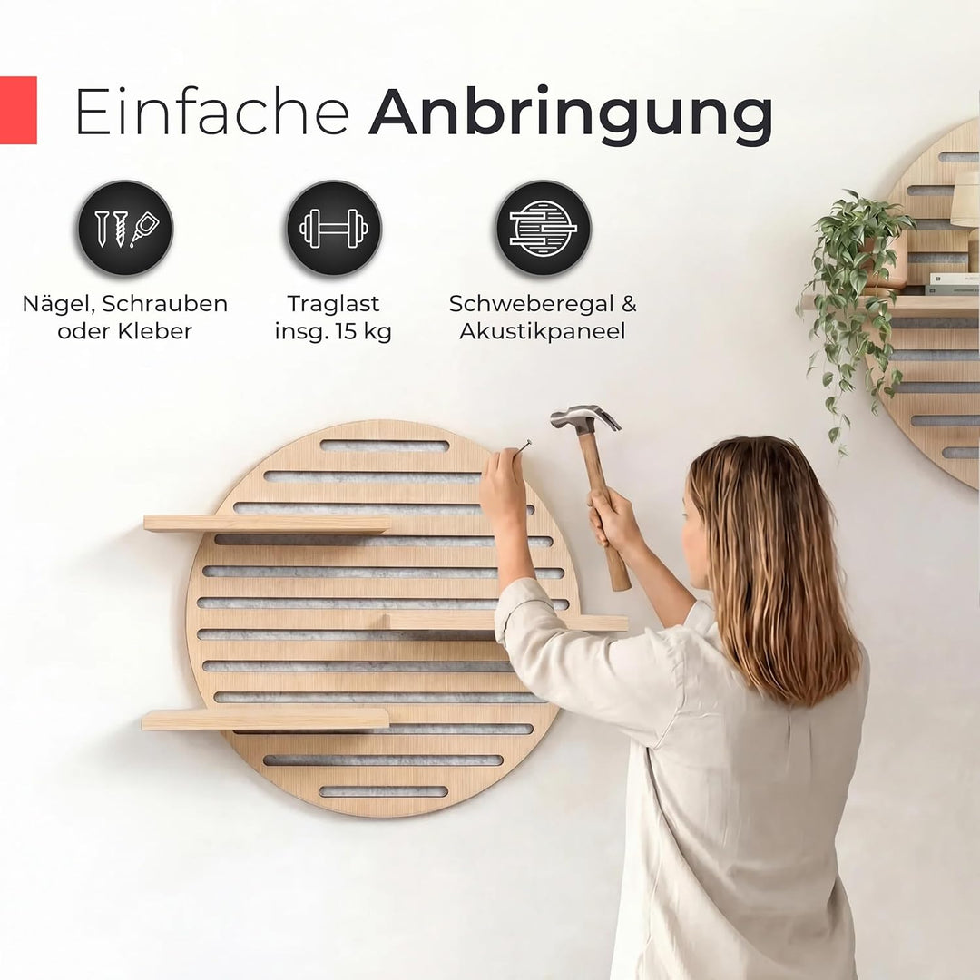 Akustikpaneele Holz Wandregal – Echtholz Eiche & Akustikfilz Grau | rund 70x60cm – Regal & Schalldäm