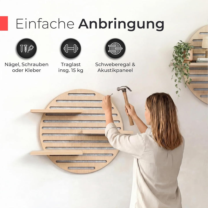 Akustikpaneele Holz Wandregal – Echtholz Eiche & Akustikfilz Grau | rund 70x60cm – Regal & Schalldäm
