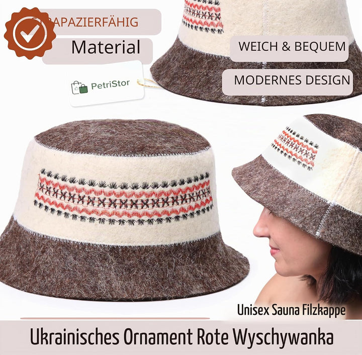 PetriStor Ukrainischer Saunahut aus Wolle für Damen und Herren, ukrainisches Ornament, rot, Vyshyvan