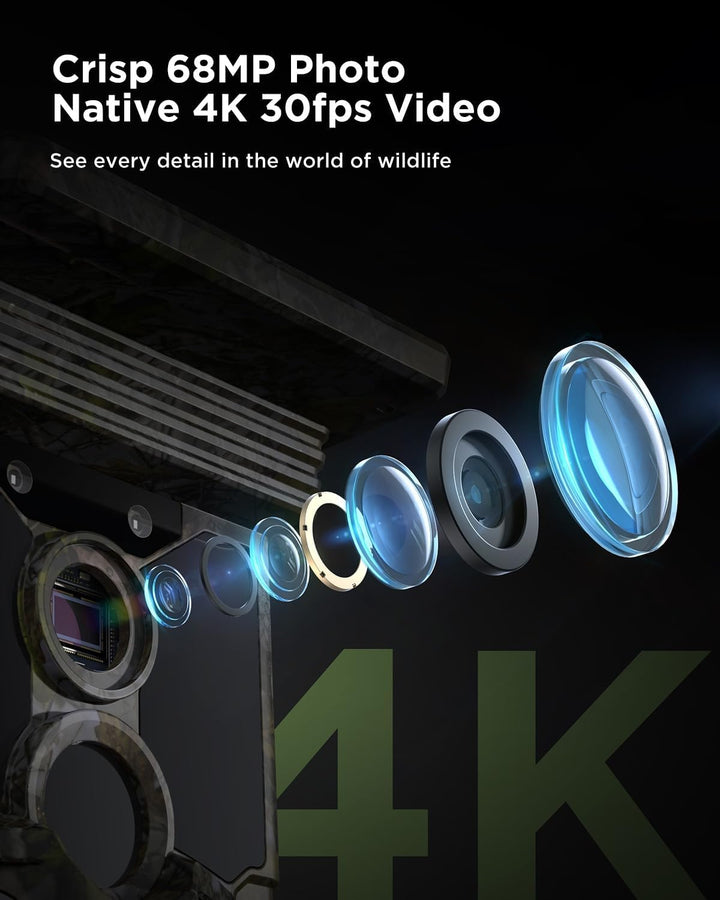 CEYOMUR Solar Wildkamera mit Handyübertragung App, 4K 68MP UHD Wildkamera WLAN mit 5200mAh Akku, Wil