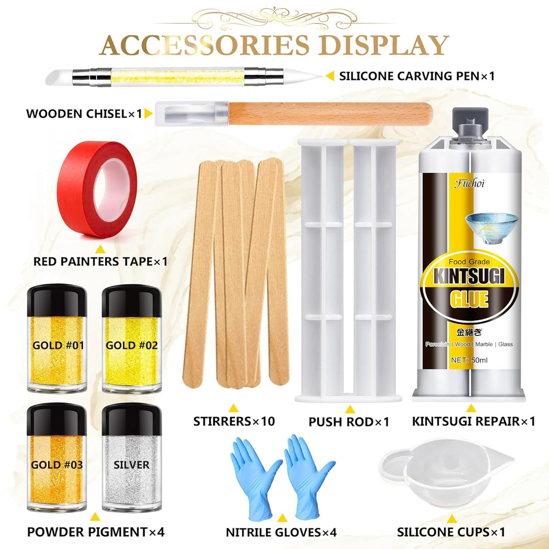 Kintsugi Reparaturset, Japanisches Kintsugi Kit mit 50ml Lebensmittelechter Keramikkleber, 4 Farben