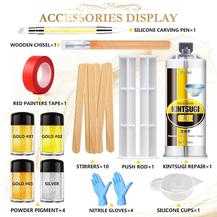 Kintsugi Reparaturset, Japanisches Kintsugi Kit mit 50ml Lebensmittelechter Keramikkleber, 4 Farben