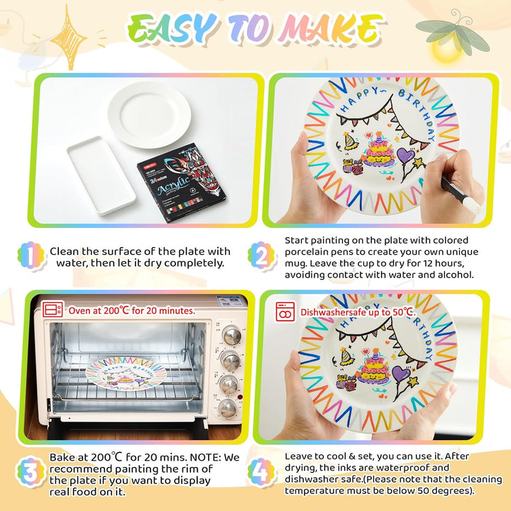 Sinmoe DIY Keramik Bemalen Set 3 Keramikplatte Weiss Servierplatte Salatteller 12 Porzellanstifte Sp