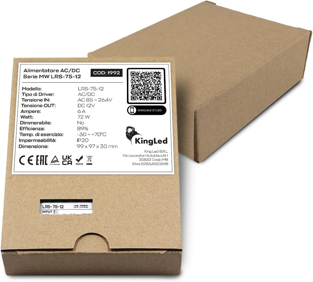 Kingled - Netzteil 12V serie MeanWell LRS-75-12 Power 75W 12V 6 Ampere - 12V Transformator 230V auf