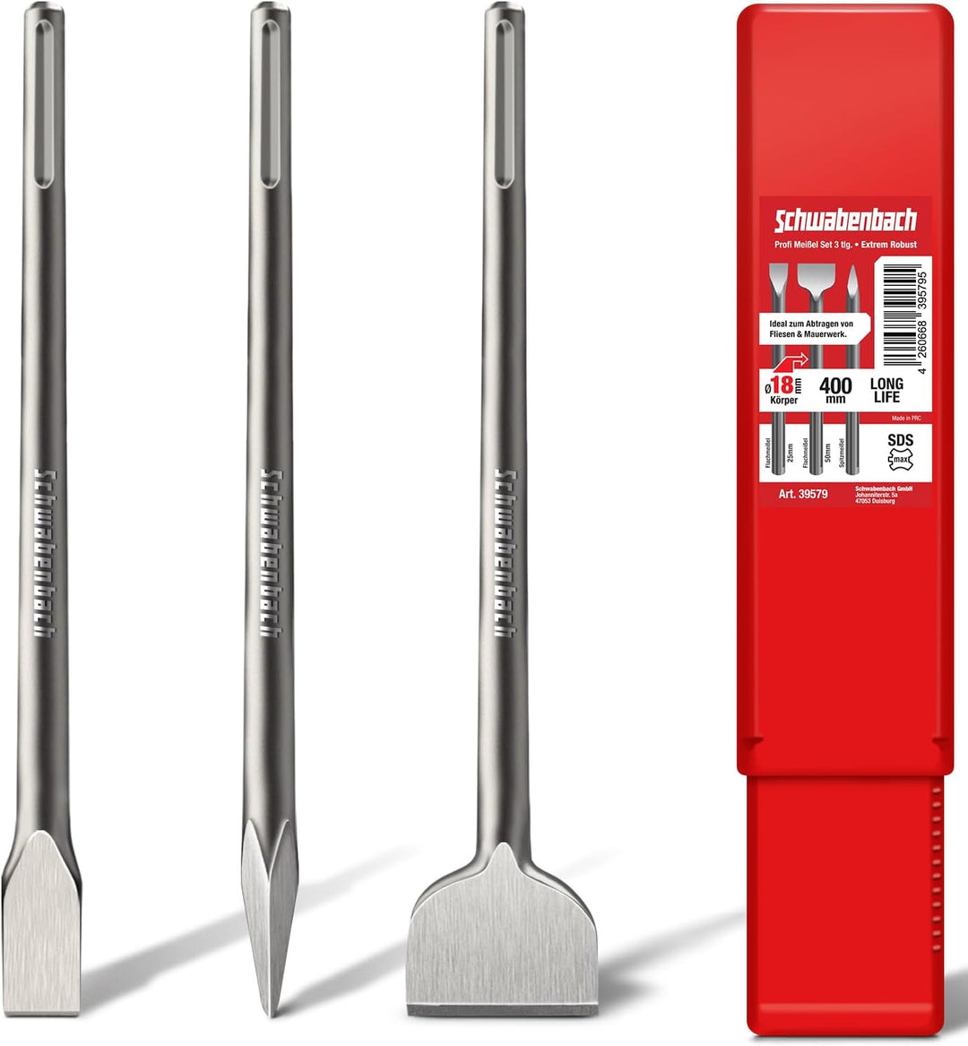 SCHWABENBACH ® SDS Max Meissel Set - 3tlg. 25mm + 50mm + Spitzmeissel - EXTREM ROBUST- Meissel kompa