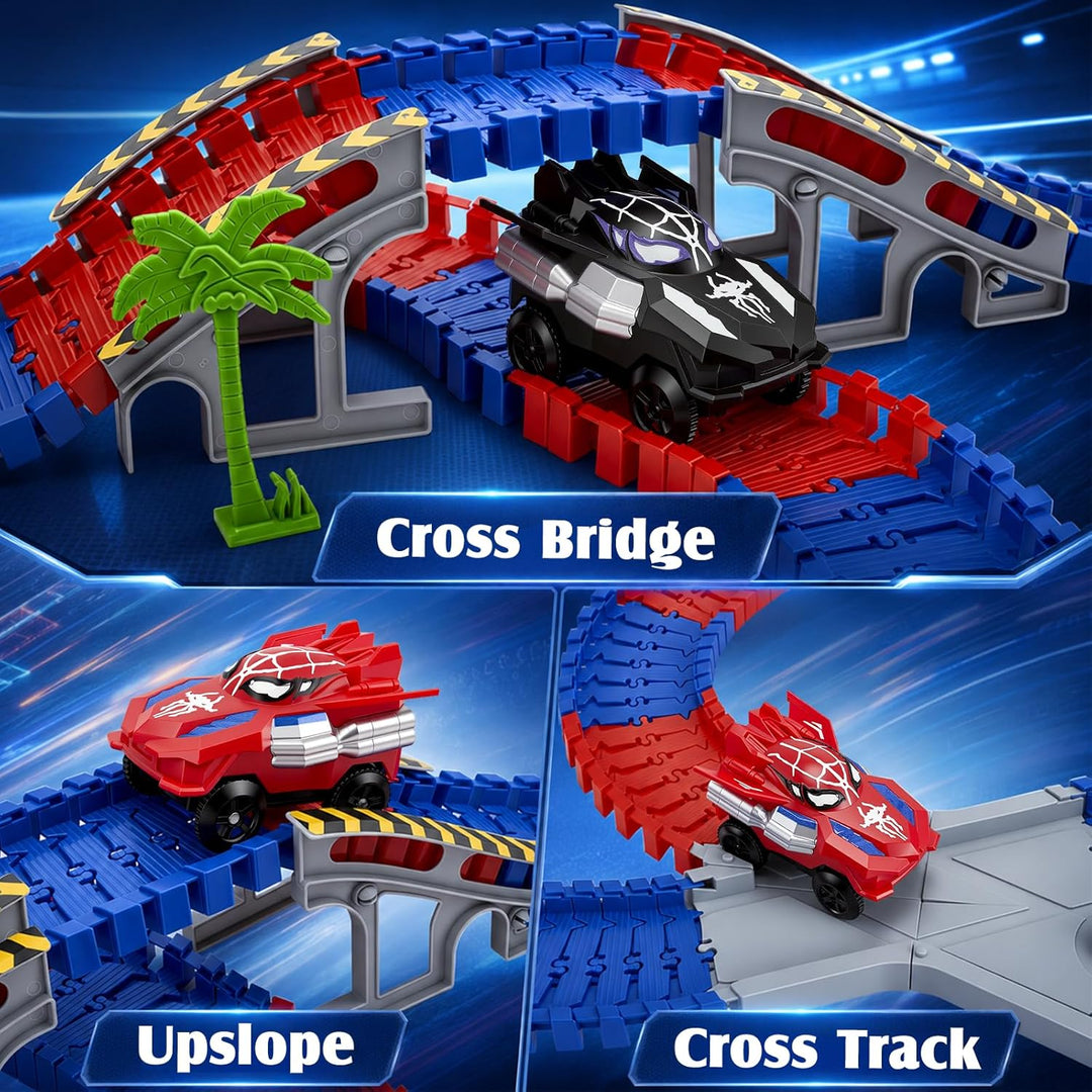 Spider Autorennbahn Set mit 2 Elektroautos, 212PCS Flexibles Auto Rennbahn Spielzeug, Kinder Weihnac