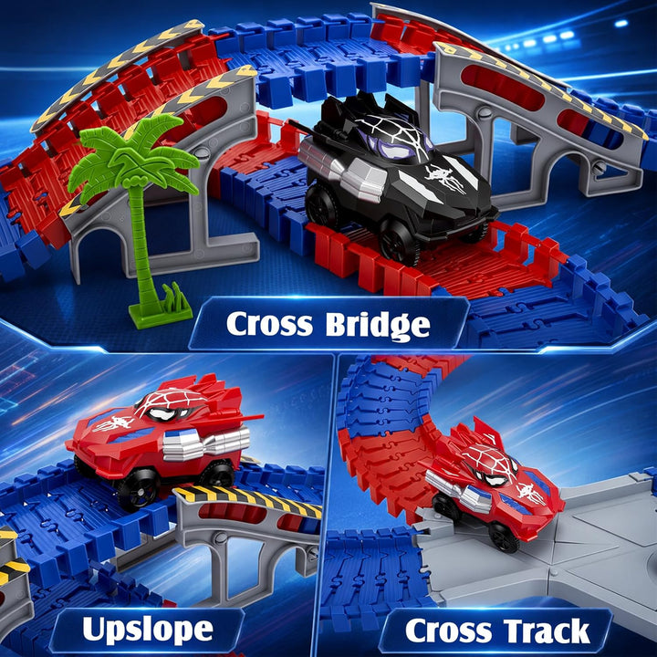 Spider Autorennbahn Set mit 2 Elektroautos, 212PCS Flexibles Auto Rennbahn Spielzeug, Kinder Weihnac