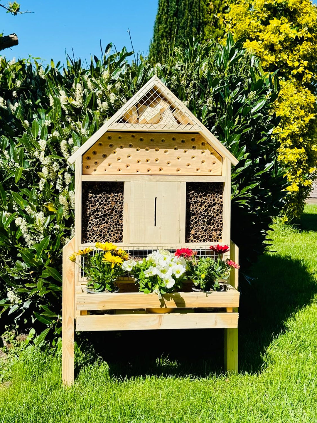 handgefertigtes Insektenhotel XL Wildbienen Nisthilfe I Insektenhaus mit Blumenkasten aus Holz und S