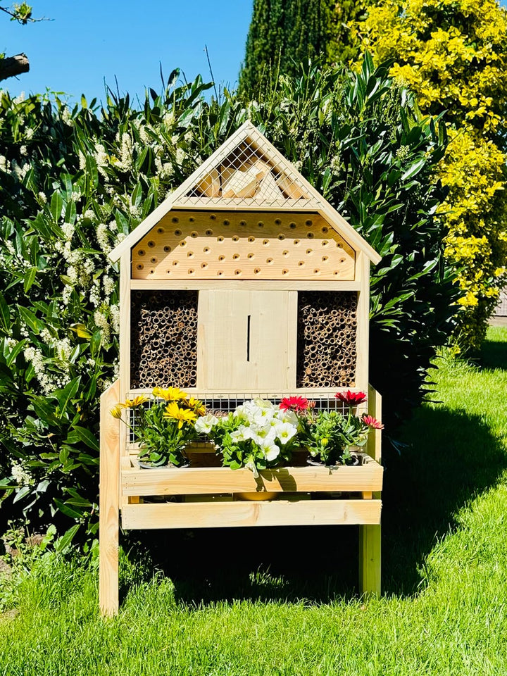 handgefertigtes Insektenhotel XL Wildbienen Nisthilfe I Insektenhaus mit Blumenkasten aus Holz und S