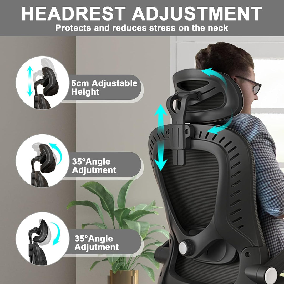 LEVIPE Bürostuhl Ergonomisch, Schreibtischstuhl mit Lendenwirbelstütze, Armlehnen, Verstellbare Kopf