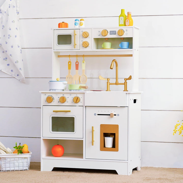 Holz Spielküche Kinder mit Eiswürfelspender,Wasserhahn Kinderküche Zubehör | Küchenset-Spüle, Herd,