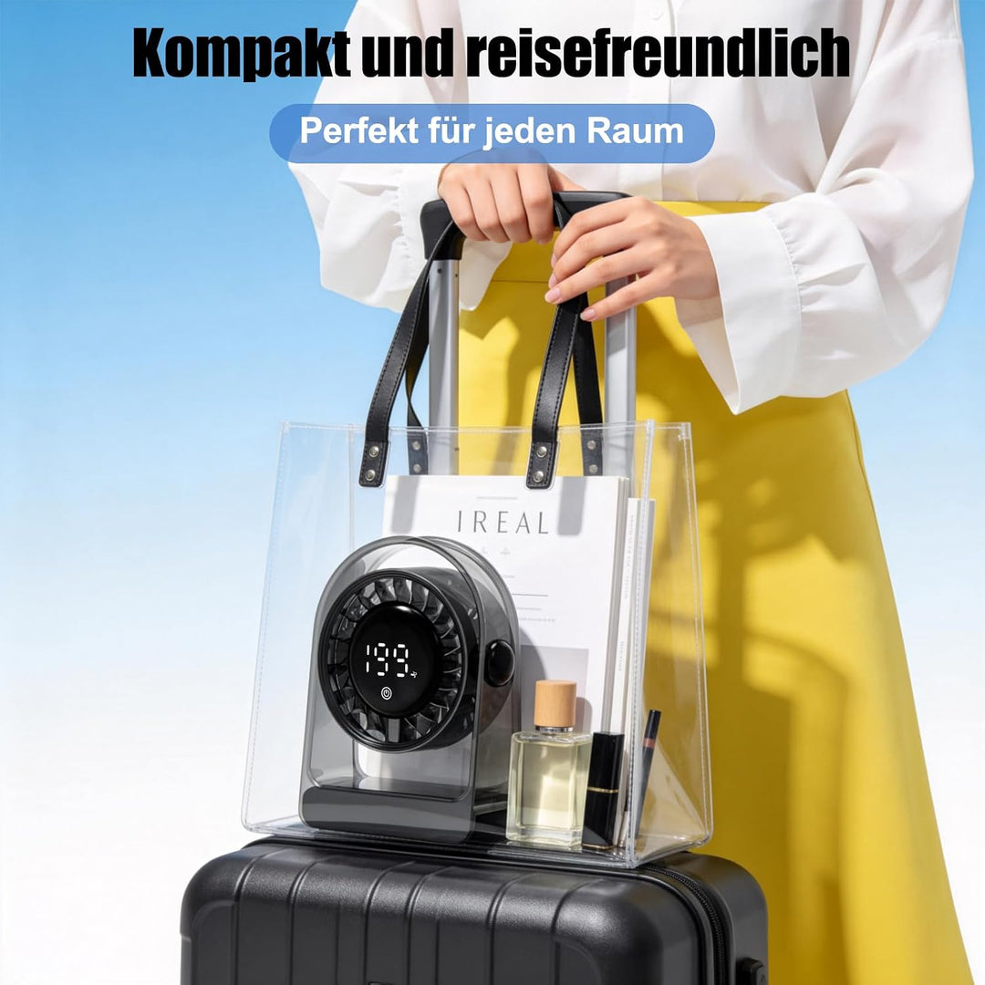 Transparenter Tischventilator, 1800mAh USB Ventilator mit Digitalanzeige, Kleiner Tischventilator Au