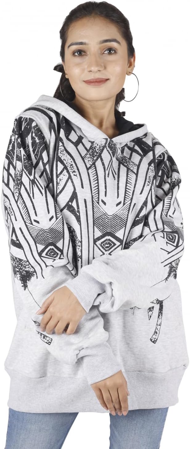 GURU SHOP Goa Festival Hoody mit Tribal Print, Kapuzenpulli, Sweatshirt, Damen, Baumwolle 36 Grau, 3