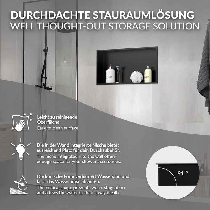 LuxeBath Wandnische aus Edelstahl, 60x30x10 cm, Schwarz, Duschnische mit Rahmen, Einbauregal, Flexib