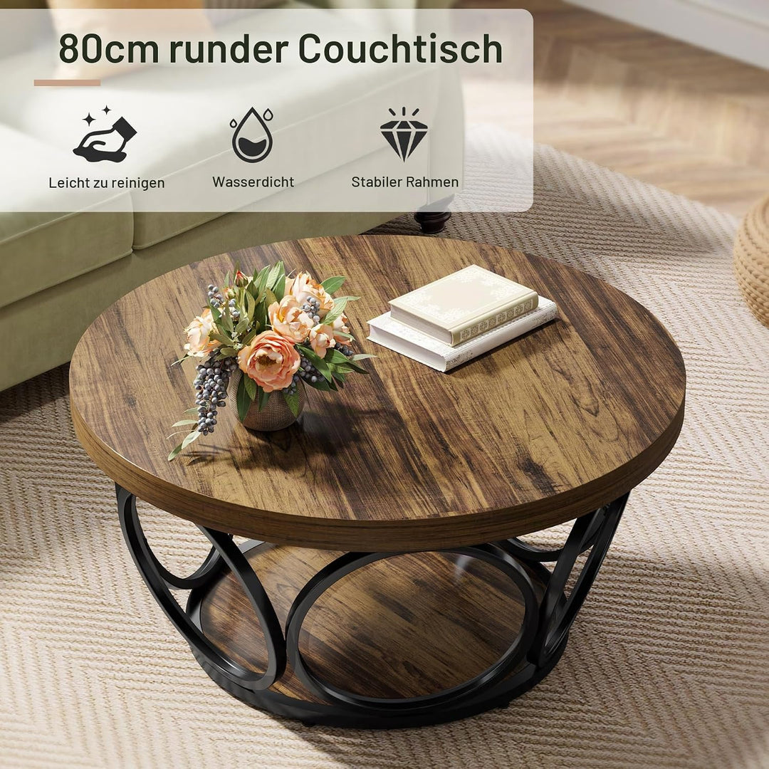 Tribesigns Runder Couchtisch, 80 cm Holztisch mit 2-Ebenen Lagerung, Bauernhaus Grosse Runde wohnzim