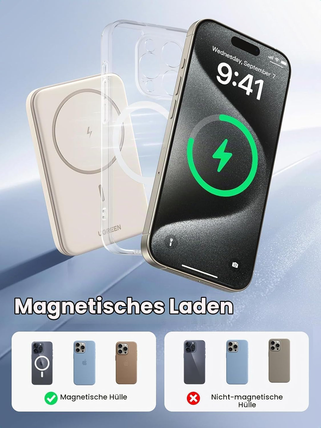UGREEN Nexode Wireless Powerbank 5000mAh Magnetische Power Bank mit USB-C Schnellladefunktion, Kabel
