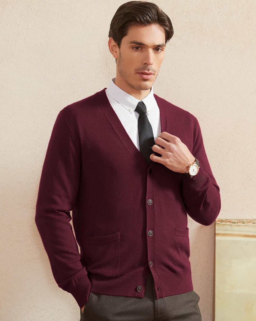 Kallspin Herren Strickjacke aus Wollmischung V-Ausschnitt Cardigan mit Knopfverschluss und Taschen B