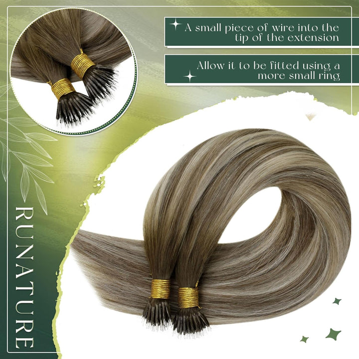 RUNATURE Nano Extensions Echthaar Balayage Braun Blond Kurz 30cm 40g 50s Remy Nanoring Extensinos Ec