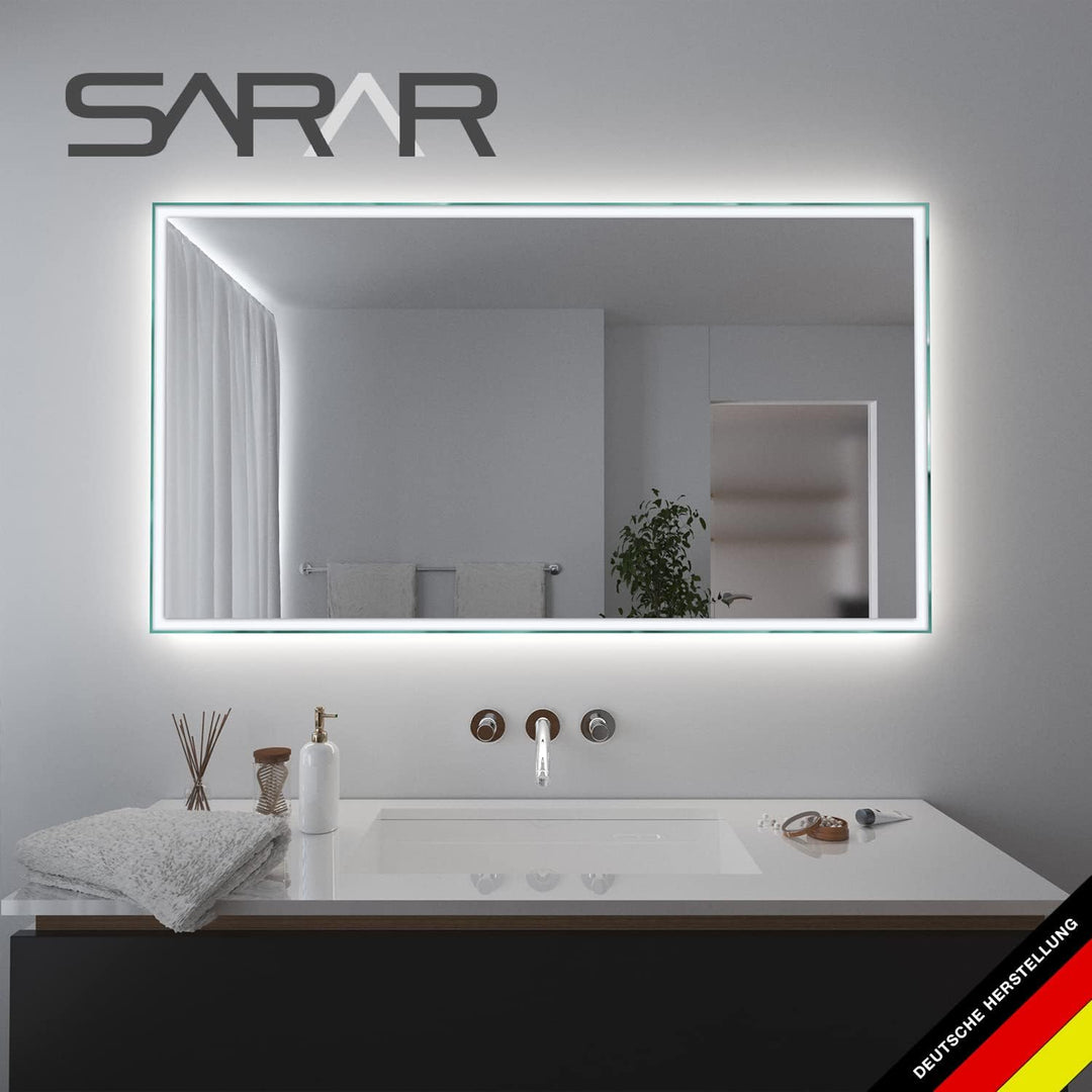 SARAR | Badspiegel Badezimmerspiegel mit LED-Beleuchtung, Vittoria, Leuchtspiegel, eckiger Wandspieg