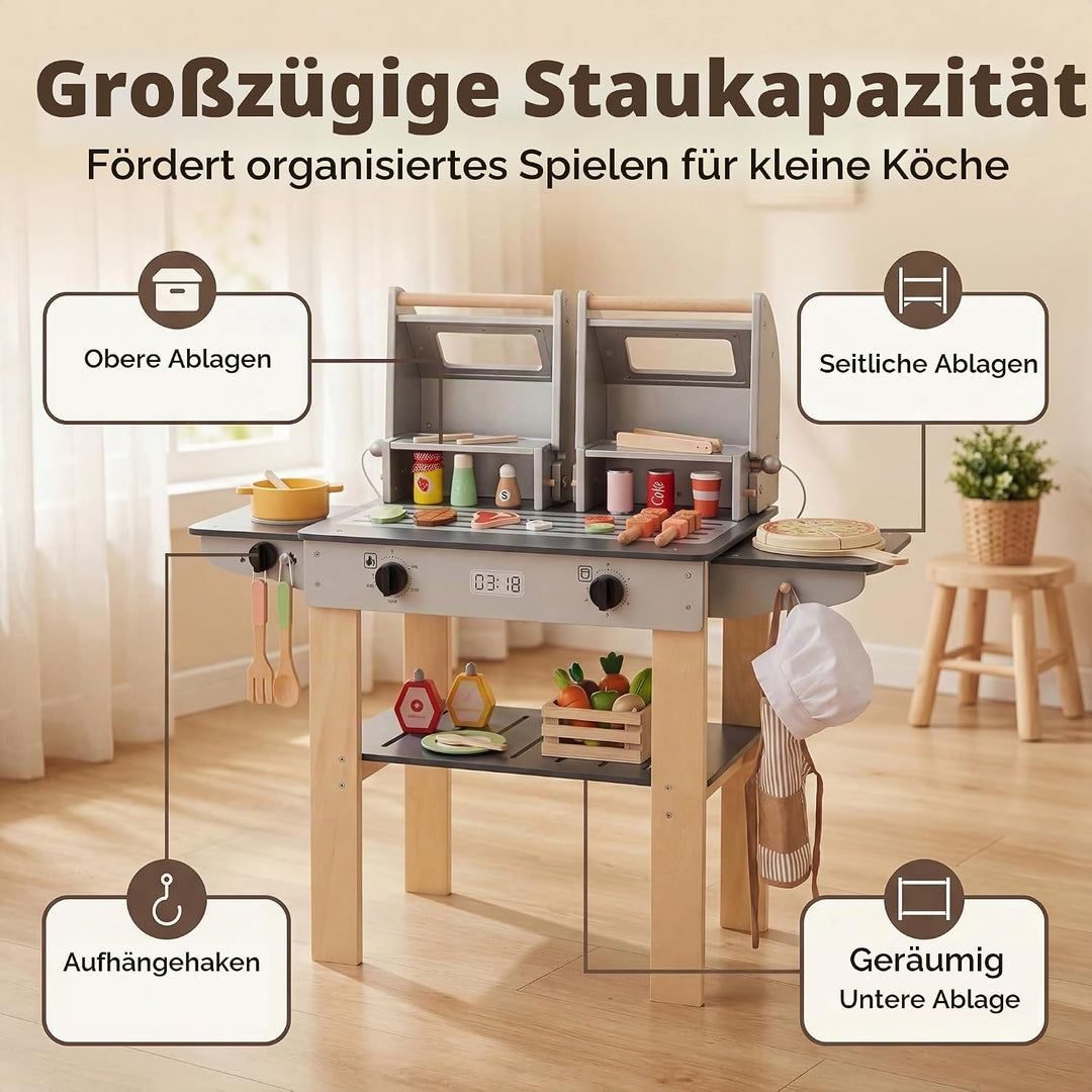 HOMASIS Kinder Grill Spielzeug aus Holz, BBQ Kindergrill-Spielset mit 2 Grillrosten, Verschlussdecke