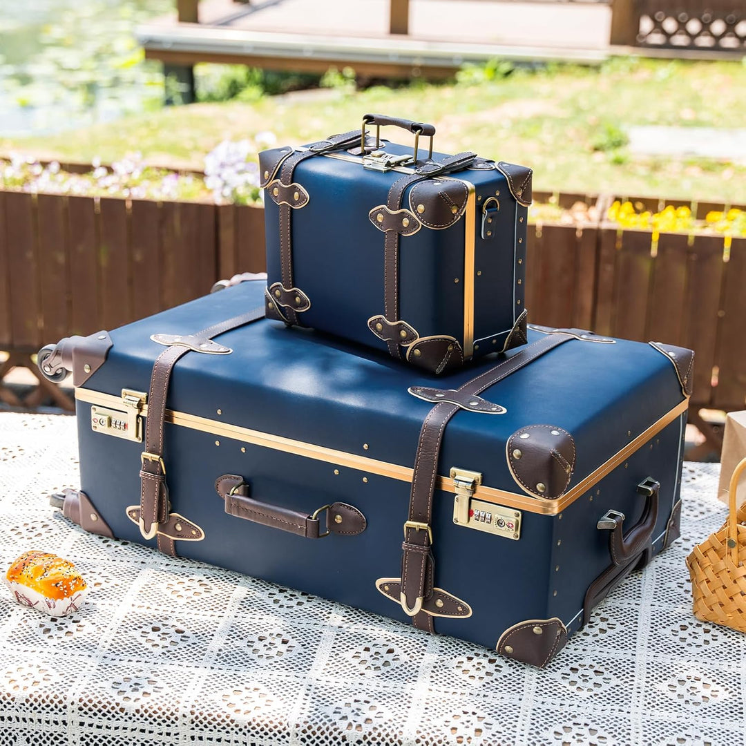Urecity Koffer Vintage mit 4 Rollen Trolley Koffer Reisekoffer Leicht Retro Hartschalen Koffer 2-Tei