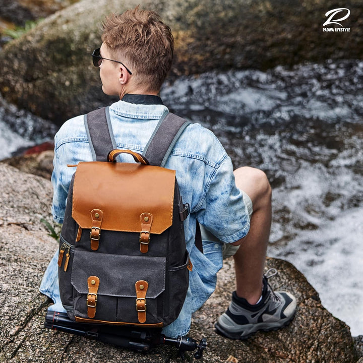 Padwa Lifestyle Schwarzer Grauer Kamerarucksack - Wetterfeste Kameratasche aus Gewachstem Memory Can
