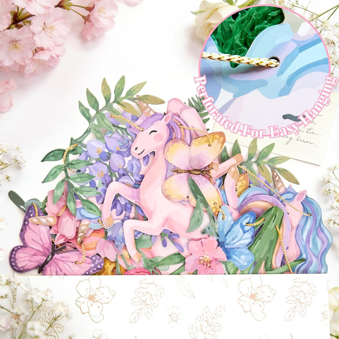 Easy Joy Magische Einhorn-Party-Girlande, rosa blumige Papierfahnen mit Schmetterlingen und Blumen,