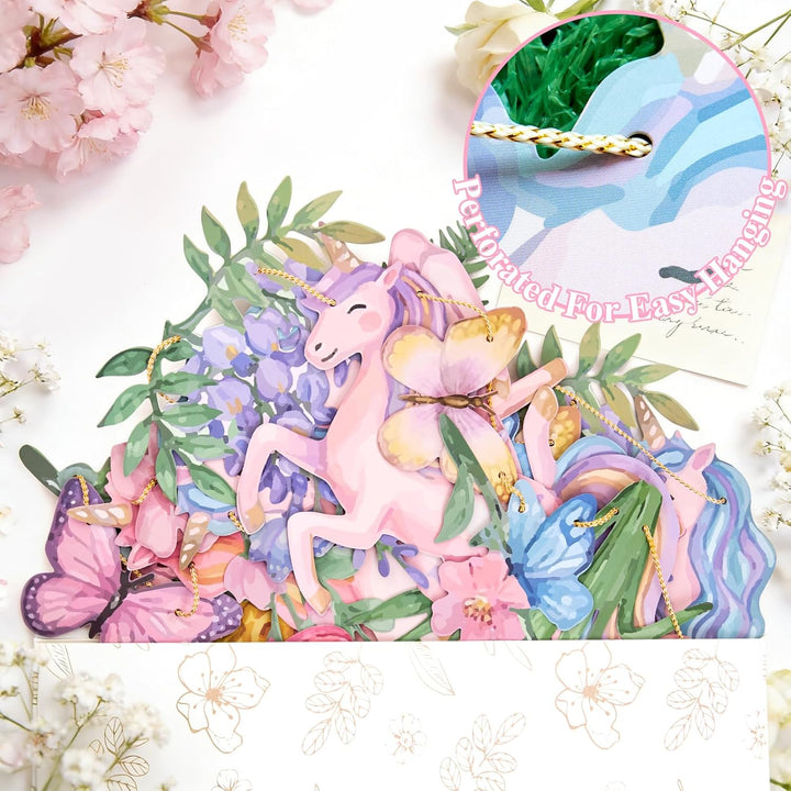 Easy Joy Magische Einhorn-Party-Girlande, rosa blumige Papierfahnen mit Schmetterlingen und Blumen,