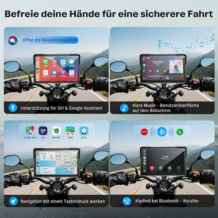 WonVon 7 Zoll Motorrad Carplay Display Motorrad Navigationsgeräte mit Motorrad Navi CarPlay & Androi