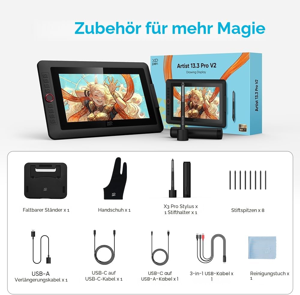 XPPen Artist 13.3 Pro V2 Display Grafiktablett mit X3 Pro Smart Chip 16K Druckstufen, Digitales Zeic
