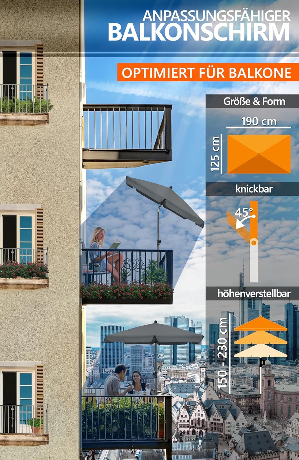 4smile Sonnenschirm Balkon SunnyShade, 200 x 125 cm, Anthrazit - UPF 50+ Sonnenschirm rechteckig als