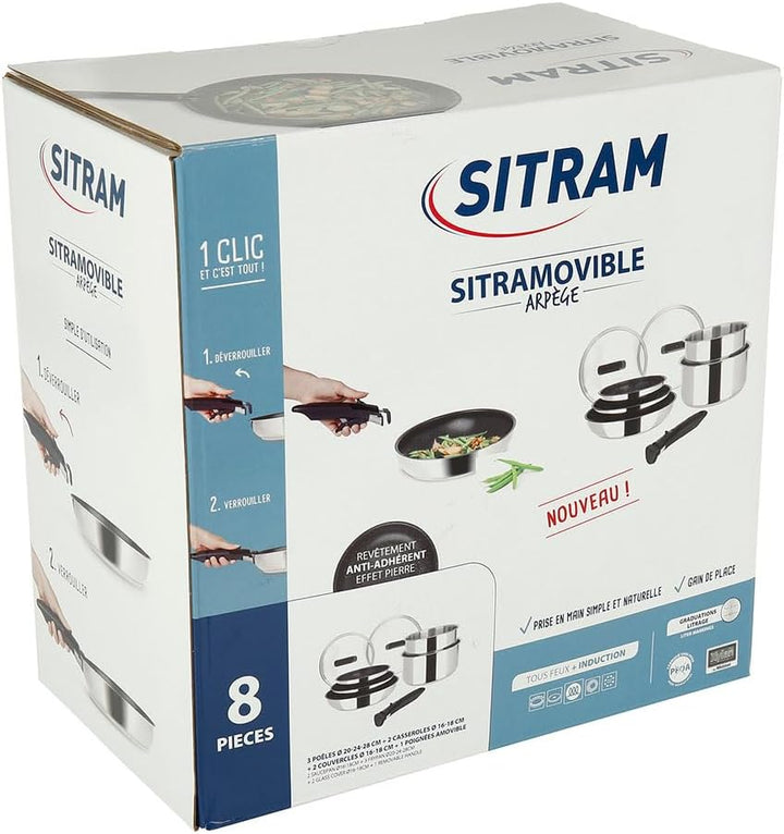 Sitram 714248 Edelstahl-Kochgeschirr, 8-teilig, 3 Pfannen Ø 20,24,28 cm + 2 Töpfe Ø 16,18 cm + 2 Gla